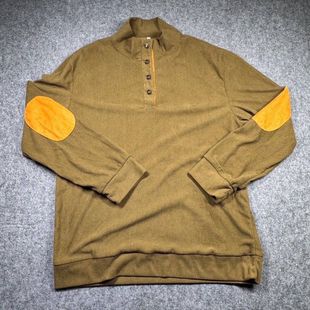 Mens Ribbed Corduroy Mock Neck Pullover Button Sweater Olive Brown Elbow Patches